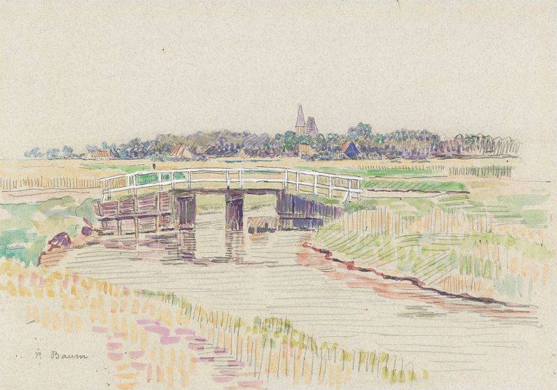 Landschaft mit Brücke by Paul Baum, oil on canvas depicting a bridge over a river with sunlight and fields.