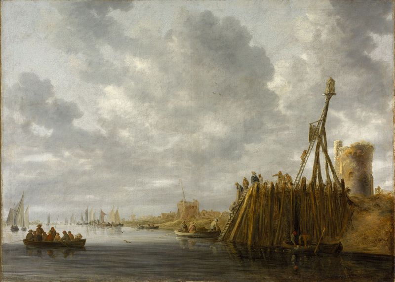 Harbor scene with a watchtower and beacon, oil on canvas by Jan van Goyen