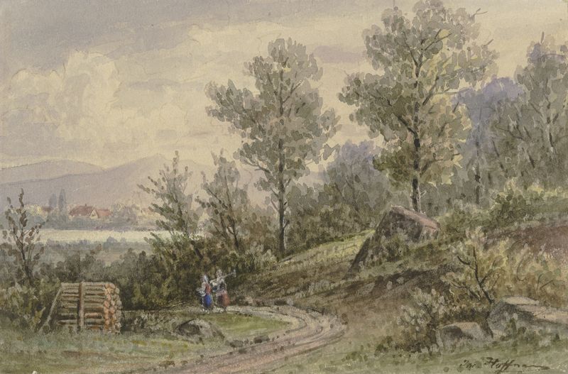 Landscape featuring a forest, village, and mountains by Jacob Hoffmann, medium unknown.