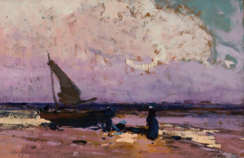 Oil on canvas by Władysław Wankie depicting a sailboat on the sea