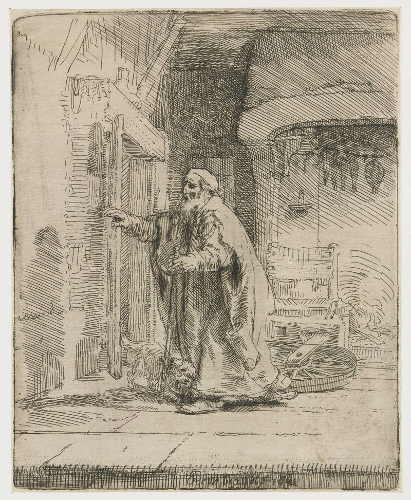 Grabado de Rembrandt van Rijn que muestra a un hombre ciego emocionado encontrando a su hijo.