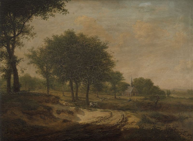 Paisaje de Henri Van der Poorten, pintura al óleo que representa un río y colinas