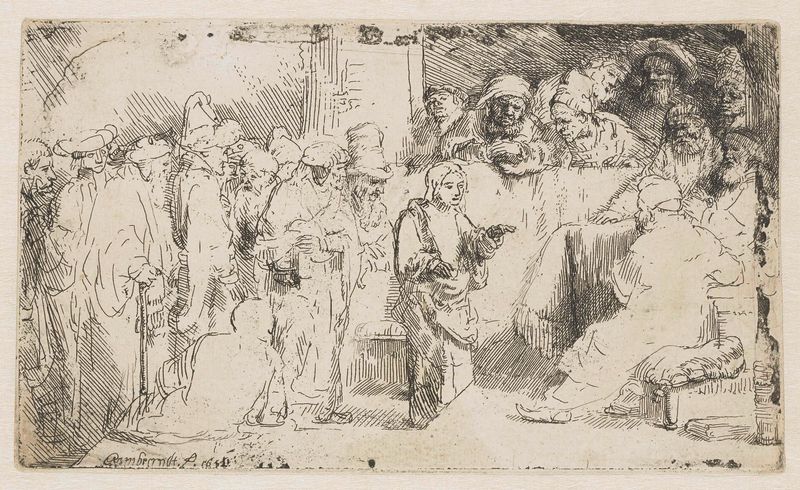 Cristo discutindo com os Doutores, gravura de Rembrandt van Rijn, retratando uma discussão com luz contrastante.