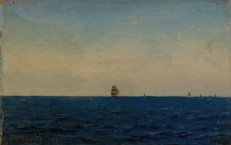 Paisaje marino de Amaldus Nielsen, óleo sobre lienzo, con olas del océano y un horizonte dorado.