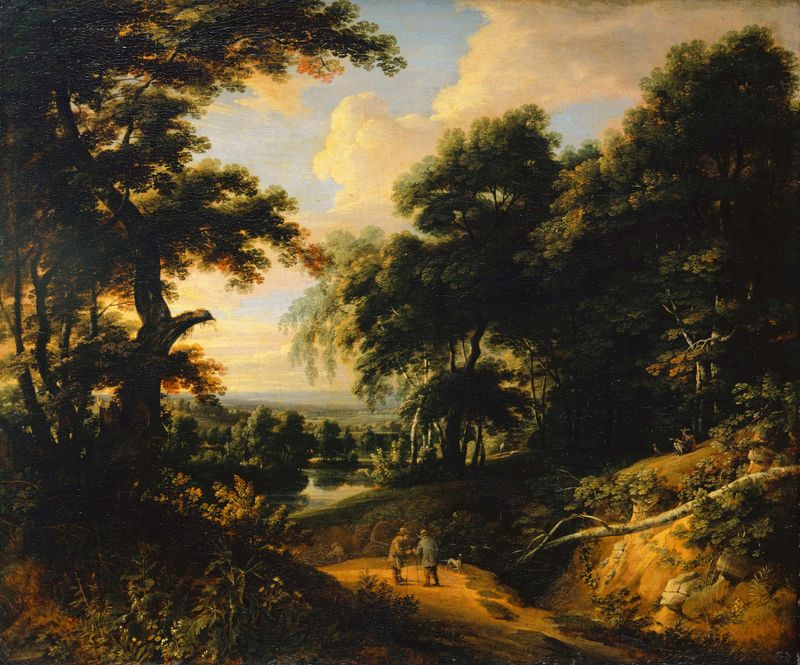 Landscape with Staffage Figures by Jacques d'Arthois, oil painting depicting hills and figures.