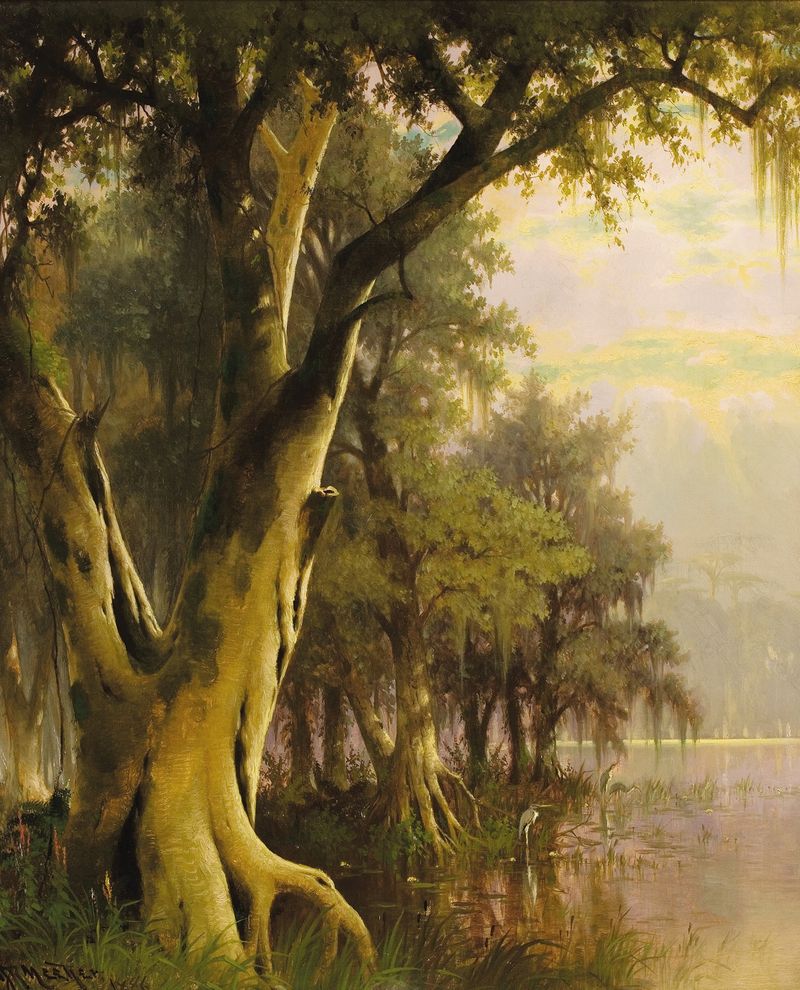 Florida Lowlands oil painting by Joseph Rusling Meeker depicting lush wetlands.