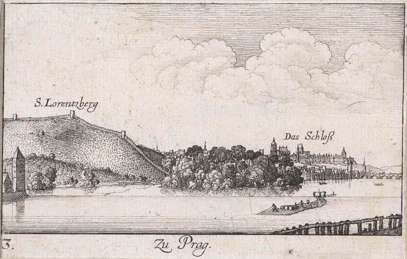 Gezicht op Praag vanaf de Moldau etching by Wenceslaus Hollar depicting a river and city reflections