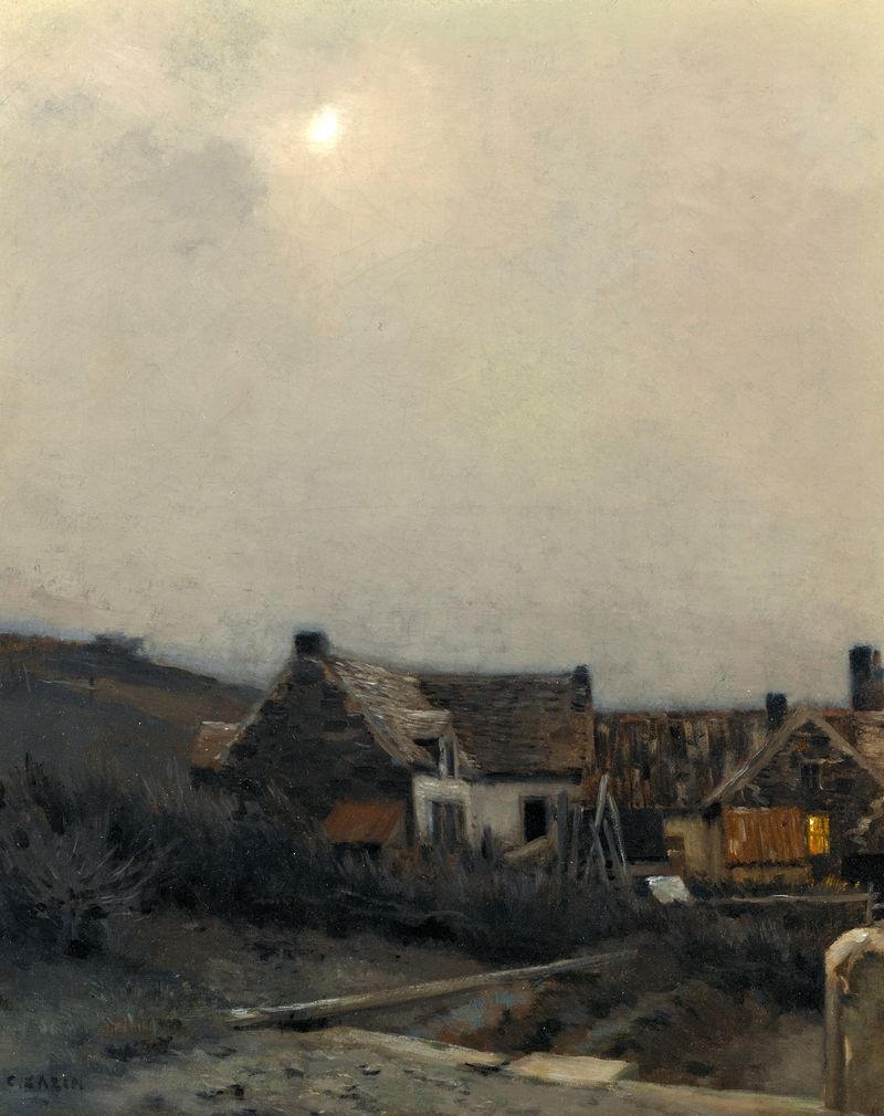 Moonlit cottages by Jean Charles Cazin, oil on canvas, depicting cottages illuminated by moonlight