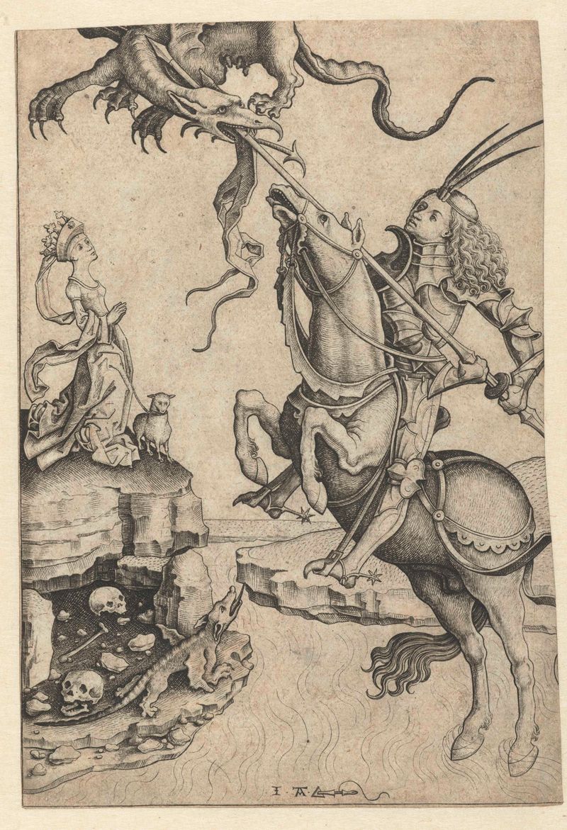 Saint George slaying the dragon with a lance, engraving by Meester IAM van Zwoll
