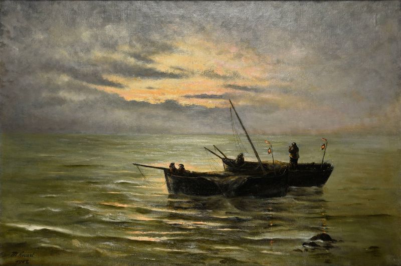 Cena marinha com um barco de pesca no mar, pintura a óleo de Léonie-Marie Hécart