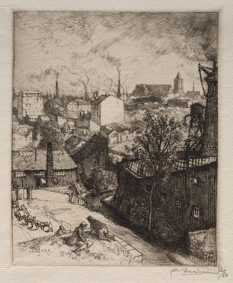 Souvenir de St. Denis, grabado de Auguste Louis Lepère que representa un paisaje urbano.