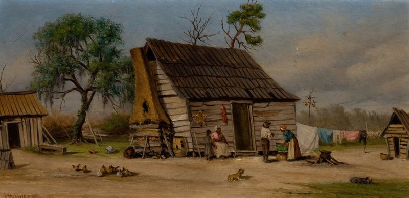 Cabin Scene by William Aiken Walker, oil painting of a cabin surrounded by trees in golden light.