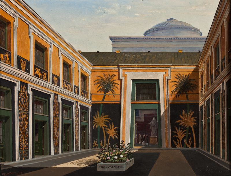 Escena de patio con arcos y vegetación de Christian Olavius Zeuthen, pintura al óleo