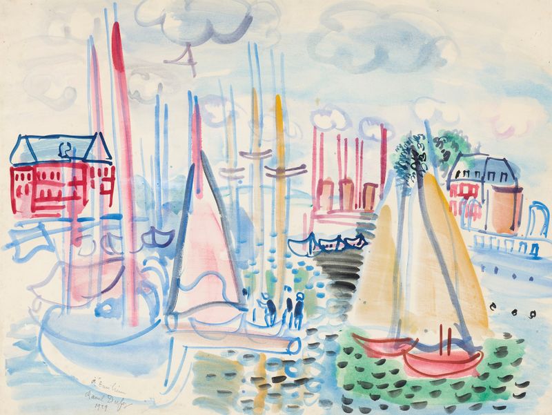 Cena marinha de veleiros no porto, pintura a óleo de Raoul Dufy