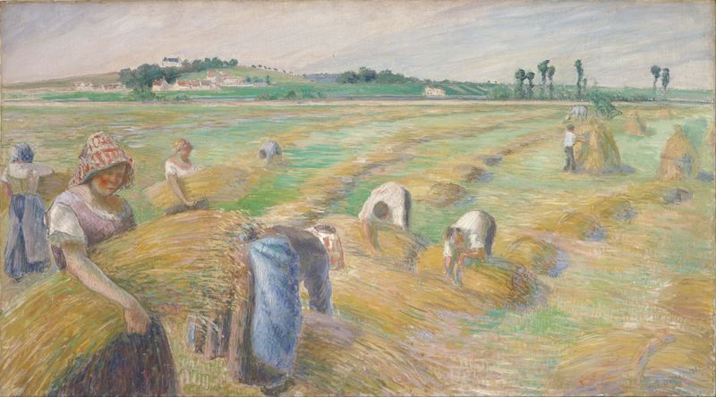 La Cosecha de Camille Pissarro, pintura al óleo que representa campos vibrantes y figuras en luz dorada.
