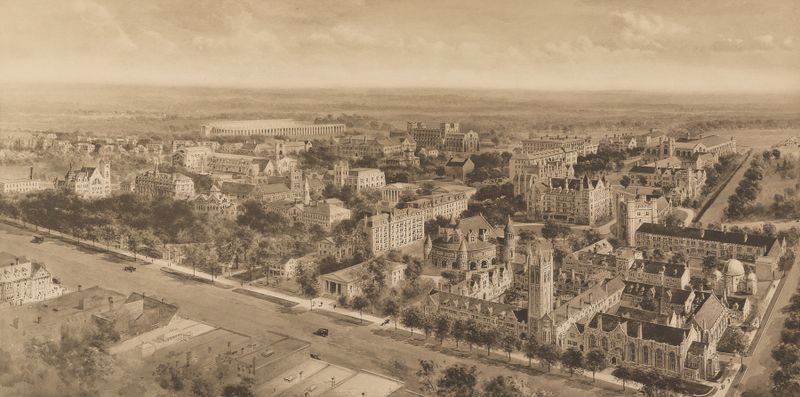 Aquarela de Richard Rummell mostrando a arquitetura da Princeton University contra um céu azul