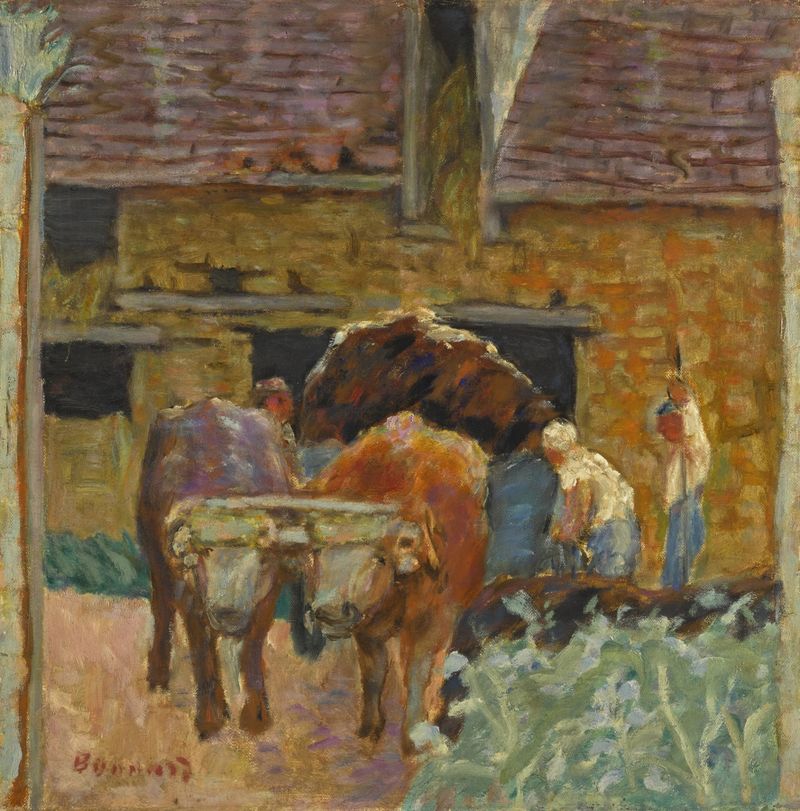Óleo sobre lienzo de Pierre Bonnard que muestra dos toros en un paisaje de granja