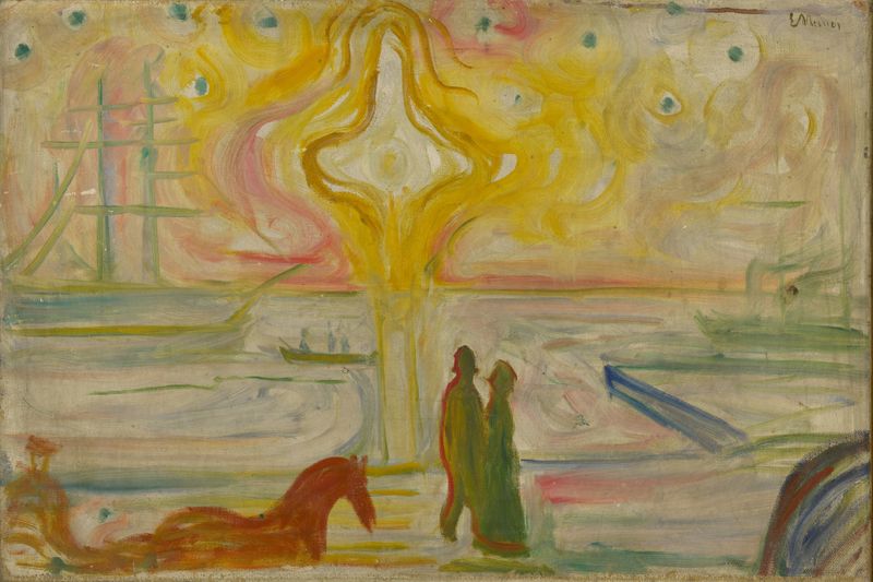 Amanecer en el Puerto de Edvard Munch, óleo sobre lienzo que representa el amanecer sobre el agua.