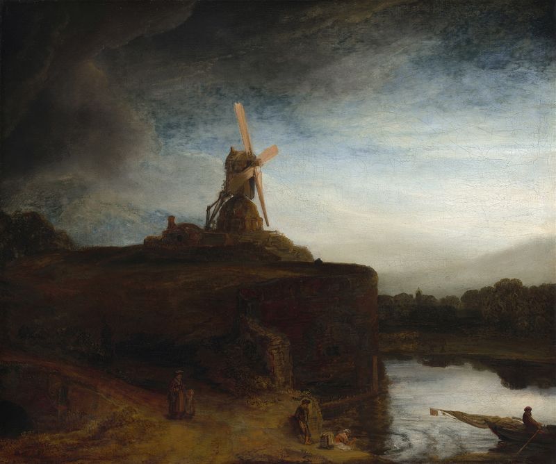 The Mill by Rembrandt van Rijn, oil painting depicting a landscape with a mill and dynamic light.