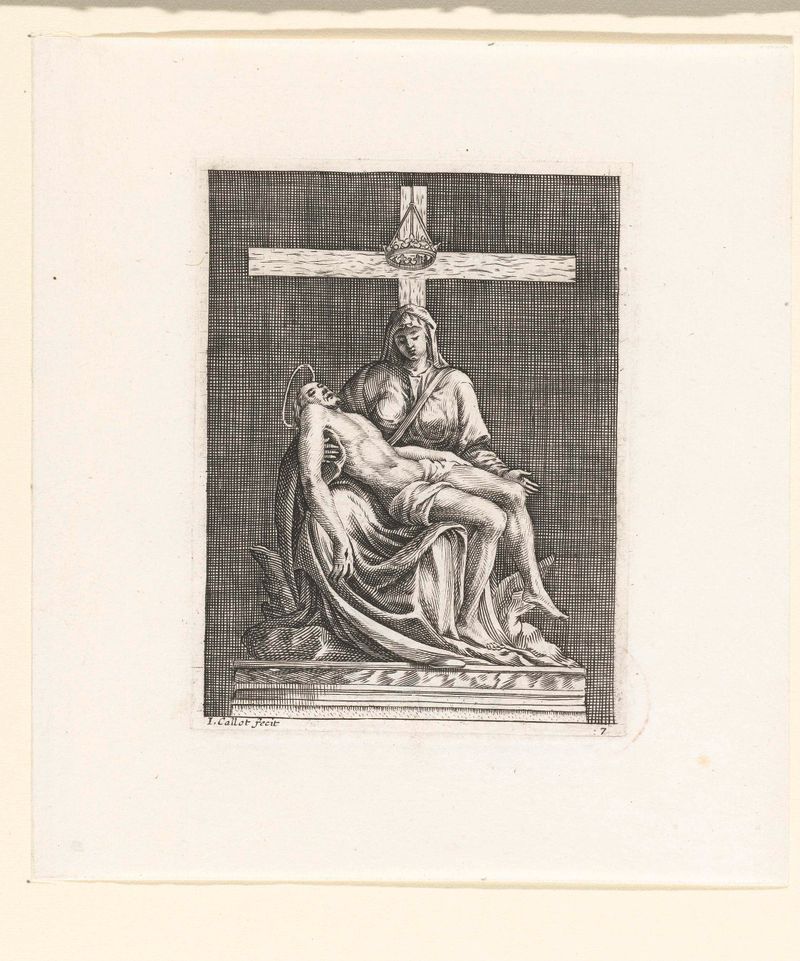 Grabado de Jacques Callot que representa a María sosteniendo el cuerpo de Cristo en duelo.