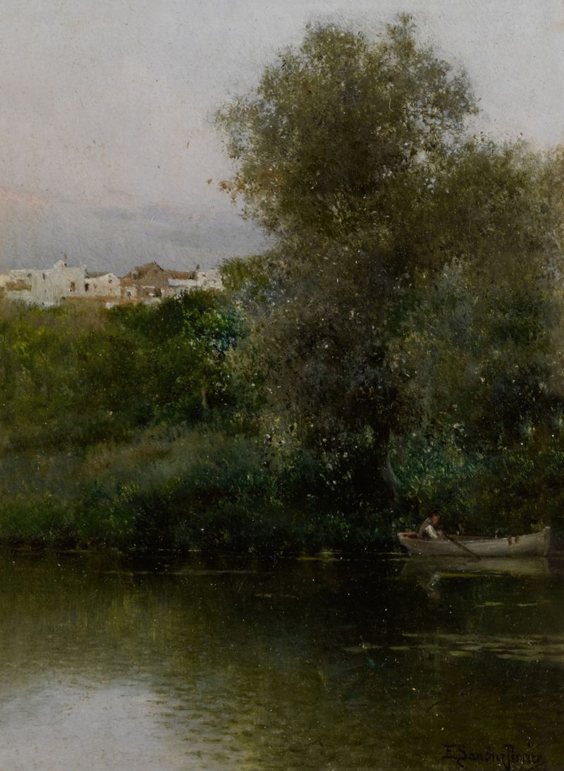Stream de Emilio Sánchez-Perrier, óleo sobre tela que retrata uma paisagem de rio serena com reflexos.