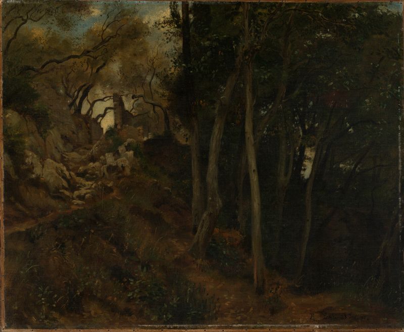 Landschaft bei Lerici by Albert Lang, oil painting, depicting a serene landscape with hills and sea.