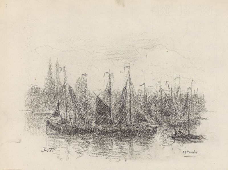 Ostende – bateaux de pêche by Jean-François Taelemans, oil on canvas depicting fishing boats on blue water.
