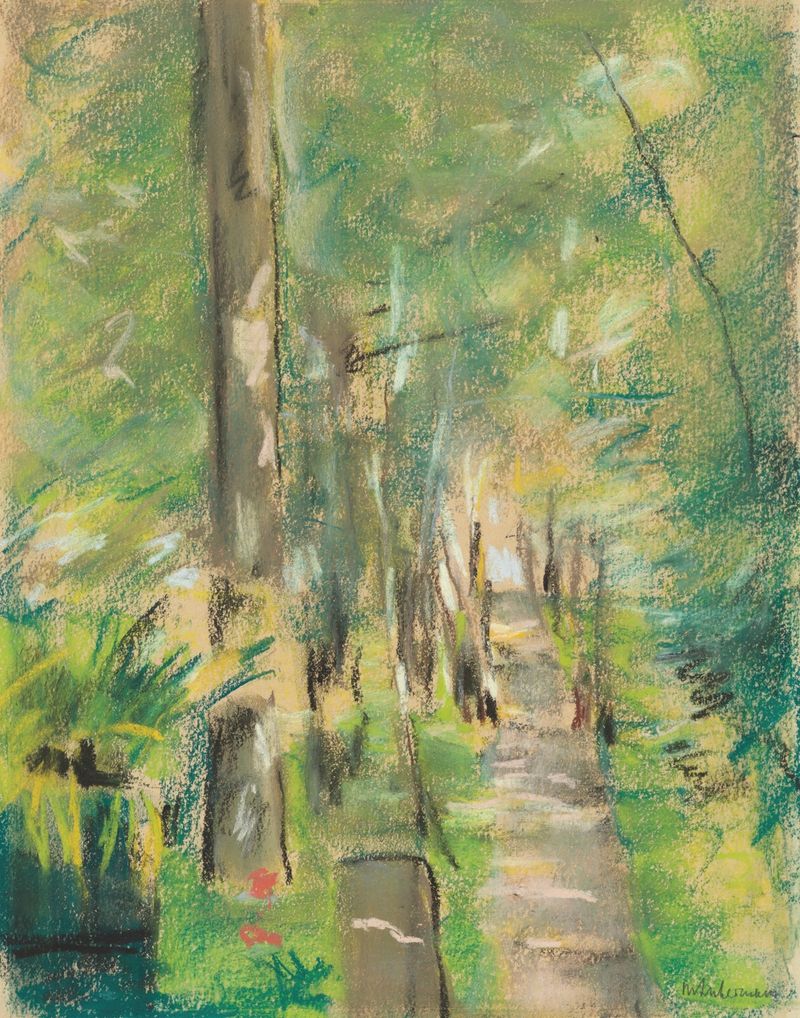 Birkenallee im Wannseegarten de Max Liebermann, óleo sobre tela representando bétulas e jardim