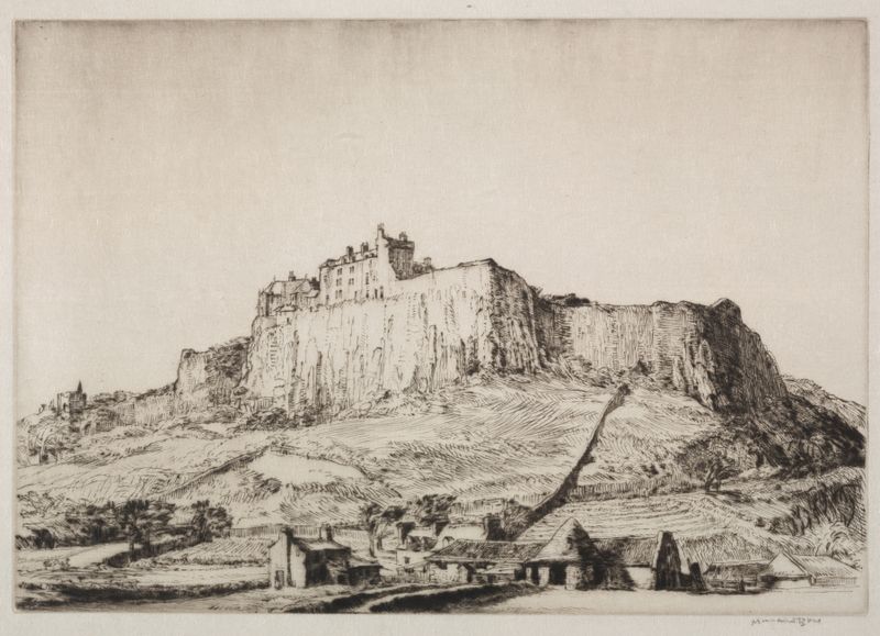 Engraving of Stirling Castle by Muirhead Bone, featuring hills and a palette of muted greys and blues.