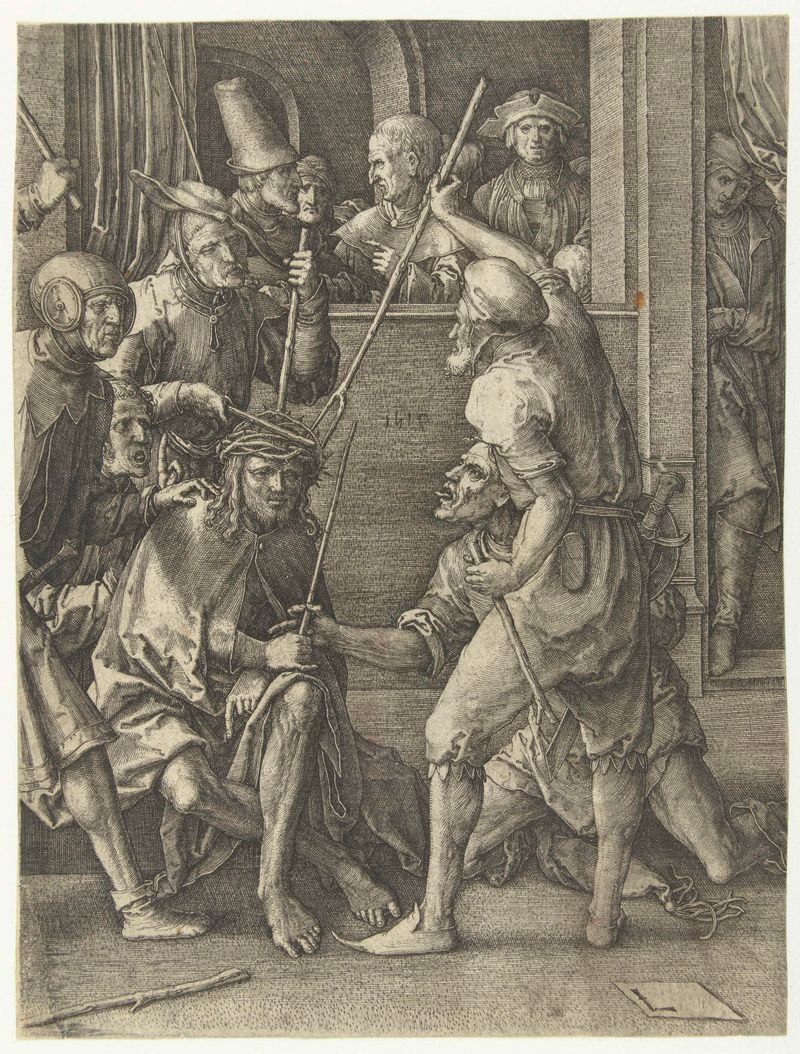 Gravura de Lucas van Leyden retratando uma figura coroada com espinhos