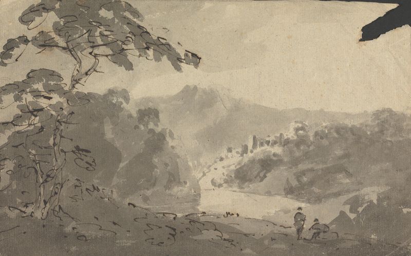 Landscape with two men gazing at mountains and river, by William Gilpin, oil painting