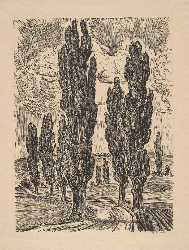 Estrada ladeada por álamos, óleo sobre tela de Erich Fraass