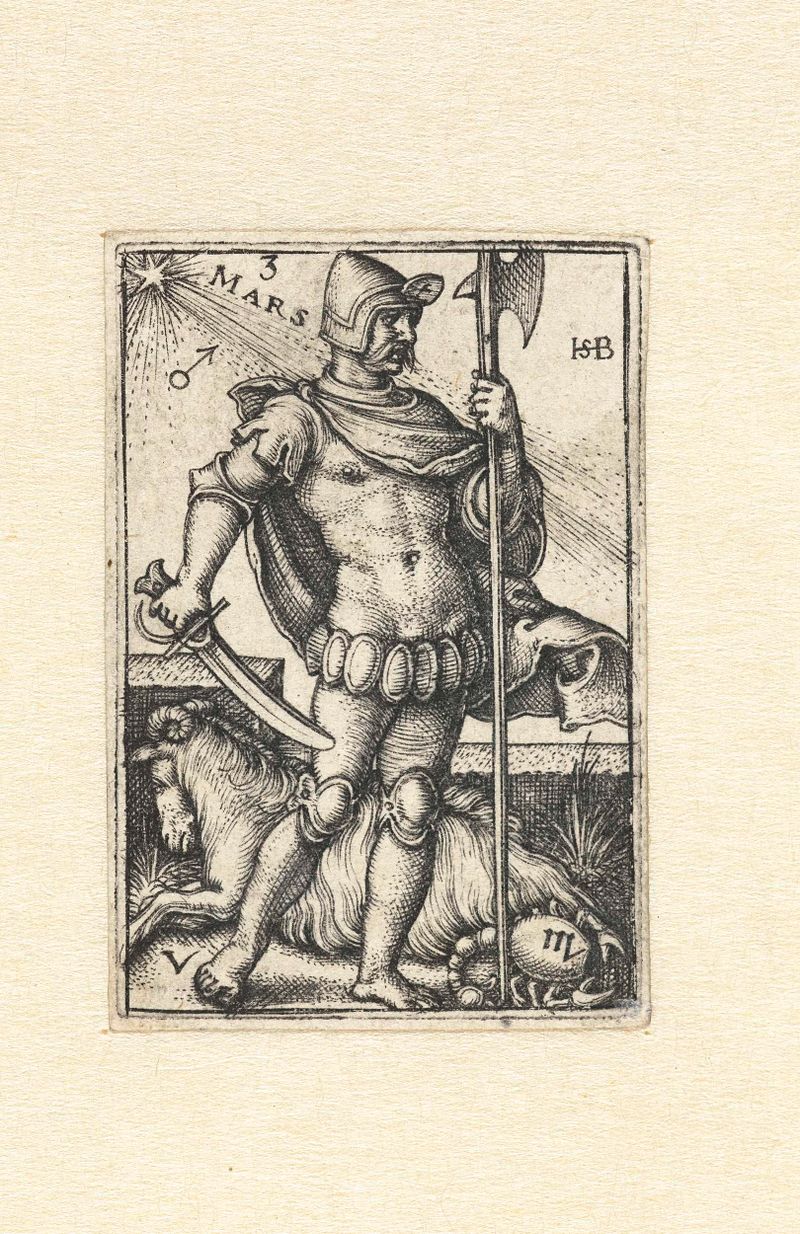 Grabado de Hans Sebald Beham que representa a Marte con las constelaciones de Aries y Escorpio.