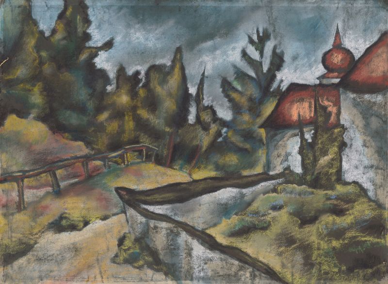Košická kalvária by Konštantín Bauer, oil on canvas depicting a crucifix with vibrant contrasts.