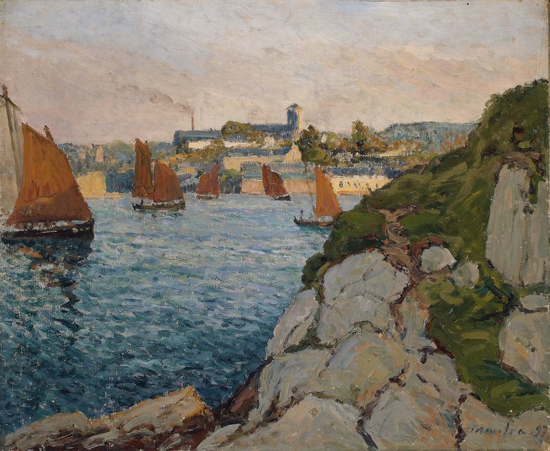 Douarnenez in Sunshine, oil on canvas by Maxime Maufra, depicting a tranquil seaside with sunlight reflections.