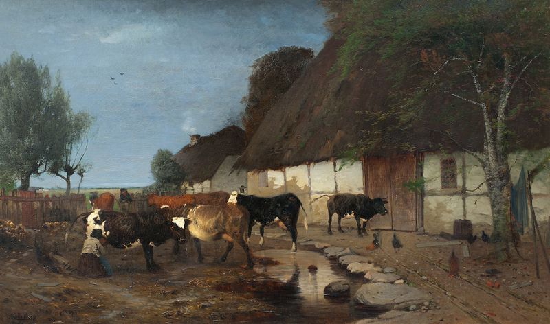 Farmstead in Skåne de Anders Kallenberg, realismo, representa una granja rural rodeada de campos