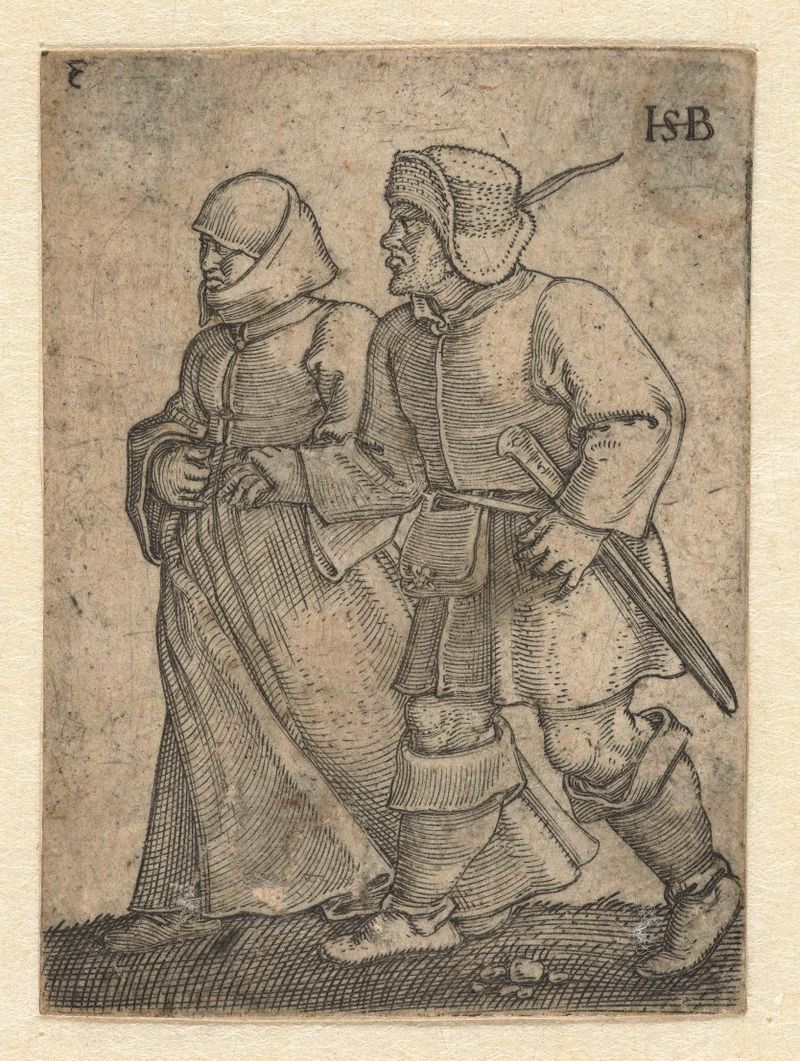 Dansend boerenpaar gravura de Hans Sebald Beham retratando um casal dançando em trajes rurais.