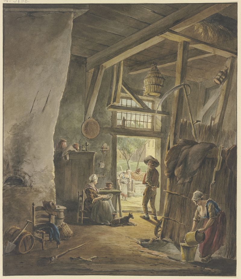 Genre scene depicting a woman and man conversing, oil painting by Hermanus van Brussel
