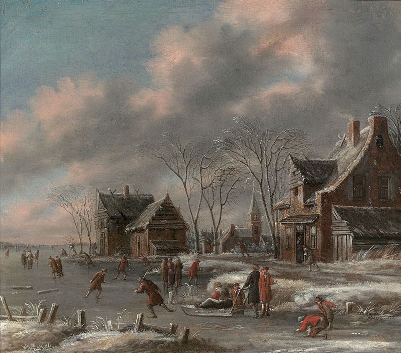 Patineurs en hiver by Thomas Heeremans, genre scene depicting skaters on a frozen pond in winter.