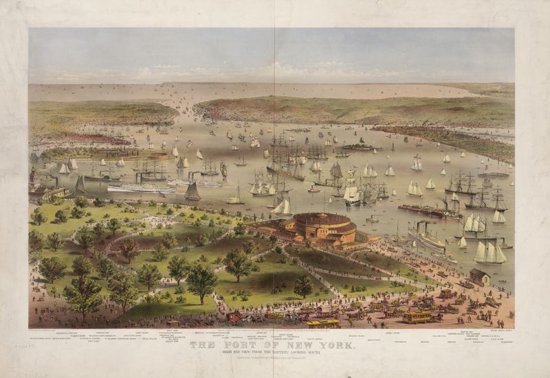 Litografía de El Puerto de Nueva York de Currier & Ives, mostrando un puerto concurrido con muchos barcos.