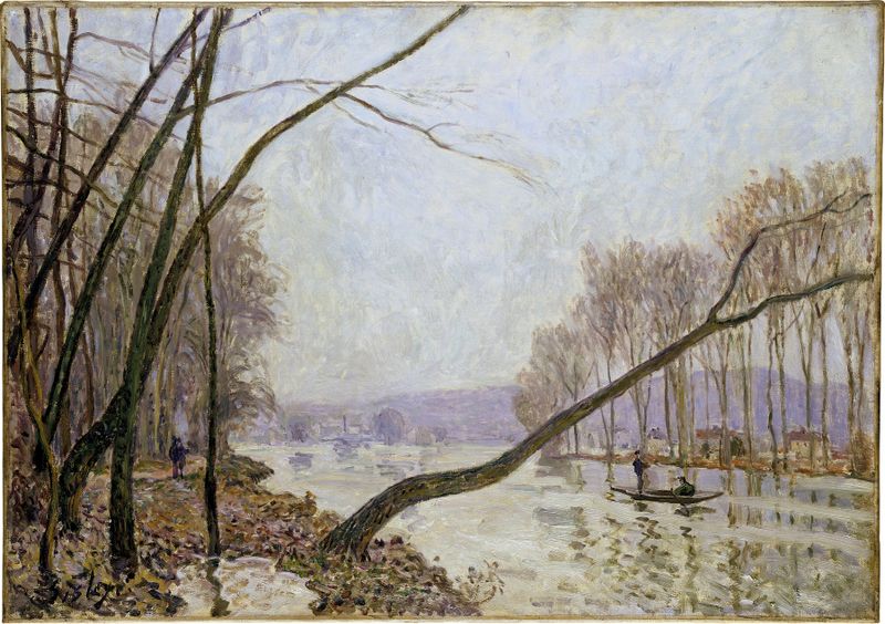 Bank of the Seine in Autumn, óleo sobre tela de Alfred Sisley, retratando a folhagem de outono e o rio Sena.