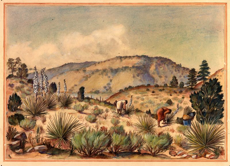 Arte popular que representa a mujeres recolectando plantas de yuca, artista desconocido