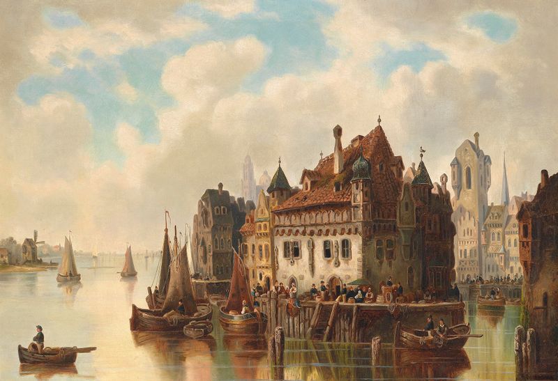 Oil painting by Ludwig Hermann depicting a town by a river with sunlight reflections.