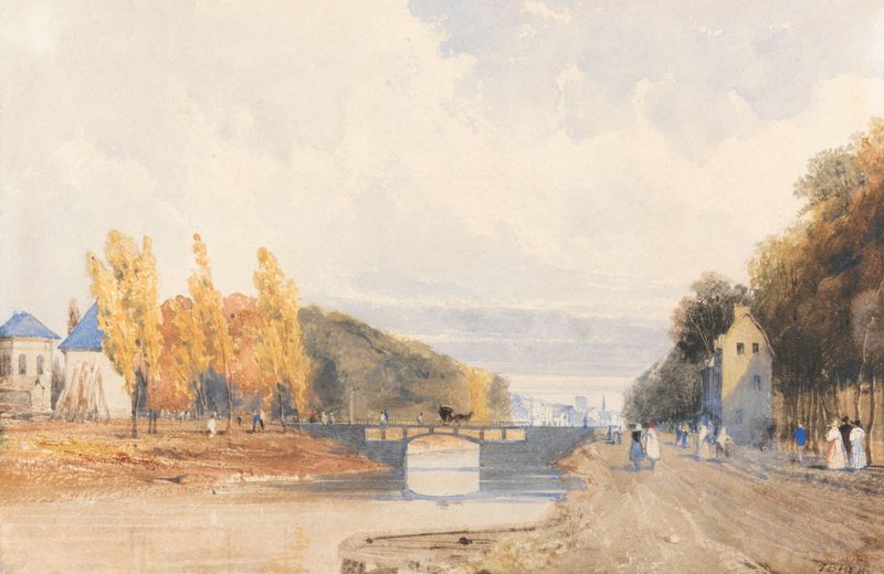 Bruxelas da Estrada de Paris, óleo sobre tela de Thomas Shotter Boys, apresentando uma paisagem urbana com flores.