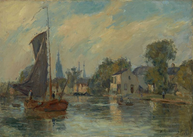 Delft de Albert Lebourg, pintura a óleo que retrata uma paisagem tranquila com edifícios e reflexos.