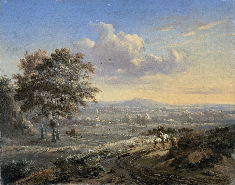Paisaje montañoso con un jinete en un camino rural, óleo sobre lienzo de Jan Wijnants