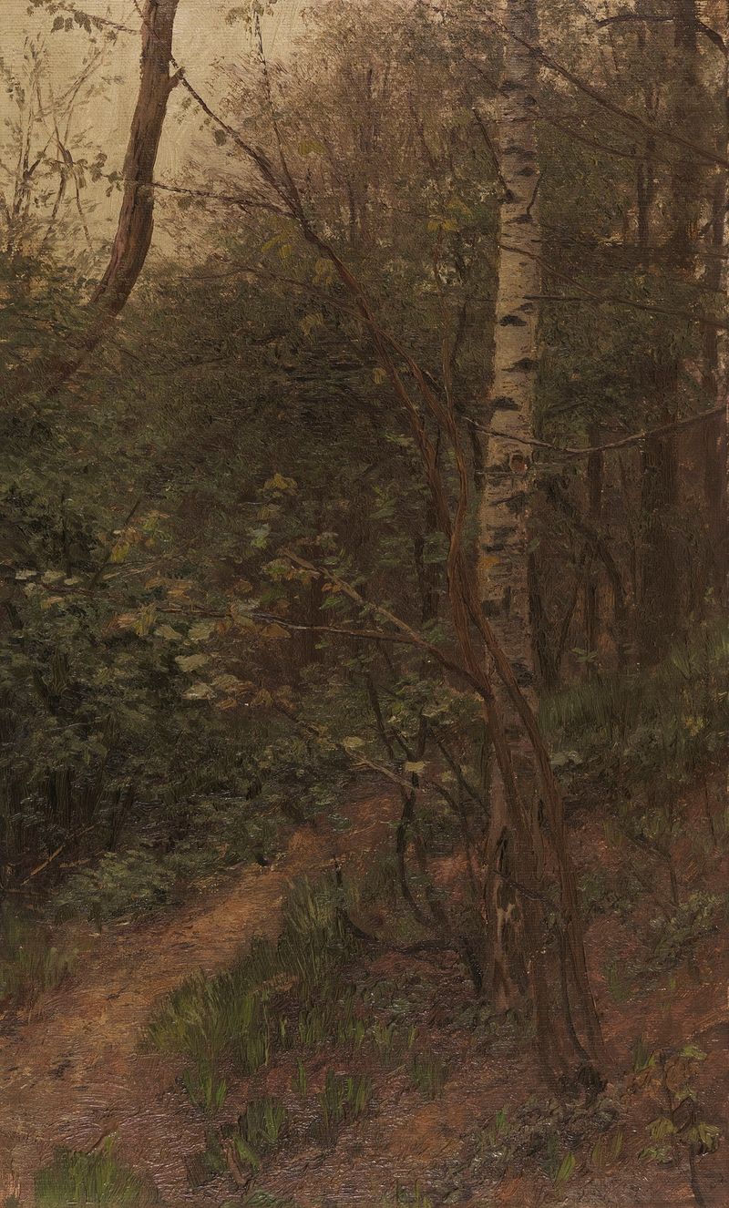 Birken am Waldrand de Alexander Koester, óleo sobre tela retratando bétulas em uma paisagem exuberante.