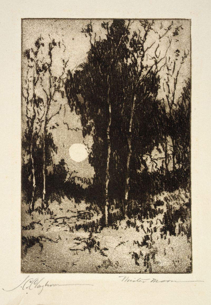 Mister Moon by Joseph C. Claghorn, oil painting depicting a tranquil night landscape with a crescent moon.