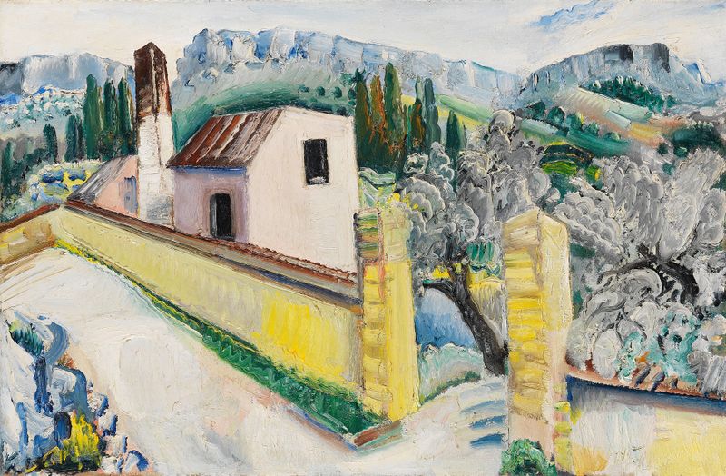 Landschaft bei Cassis by Paul Kleinschmidt, oil on canvas depicting a colorful landscape at dawn.