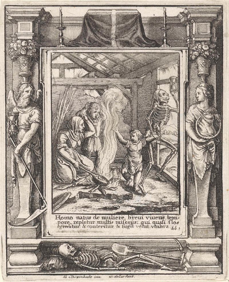 Grabado de Wenceslaus Hollar que representa a un niño con la figura esquelética de la Muerte.